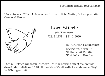 Traueranzeige von Lore Stierle von Kreiszeitung Böblinger Bote