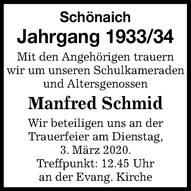  Traueranzeige für Manfred Schmid vom 29.02.2020 aus Kreiszeitung Böblinger Bote
