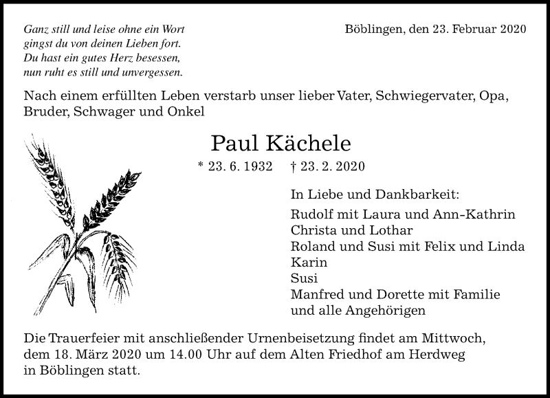  Traueranzeige für Paul Kächele vom 26.02.2020 aus Kreiszeitung Böblinger Bote