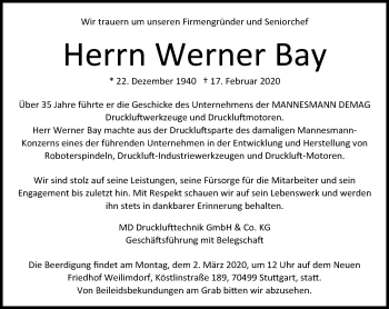 Traueranzeige von Werner Bay von Kreiszeitung Böblinger Bote