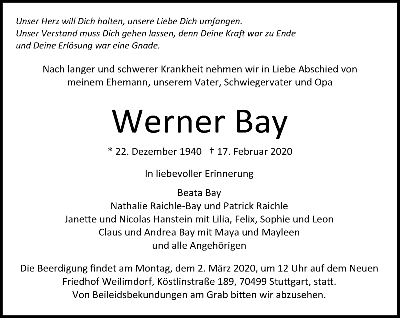  Traueranzeige für Werner Bay vom 25.02.2020 aus Kreiszeitung Böblinger Bote