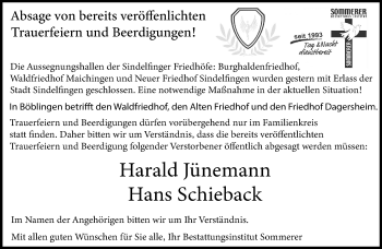 Traueranzeige von Absage Trauerfeiern  von Kreiszeitung Böblinger Bote
