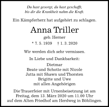 Traueranzeige von Anna Triller von Kreiszeitung Böblinger Bote