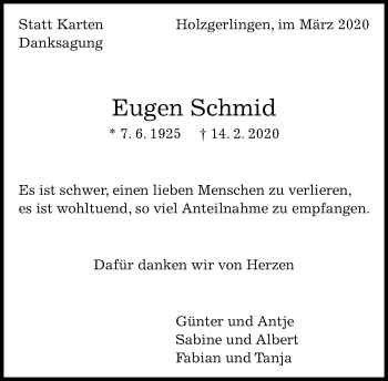 Traueranzeige von Eugen Schmid von Kreiszeitung Böblinger Bote