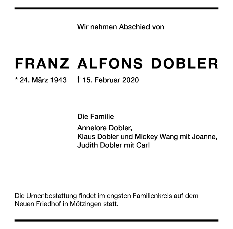  Traueranzeige für Franz Alfons Dobler vom 19.03.2020 aus Kreiszeitung Böblinger Bote