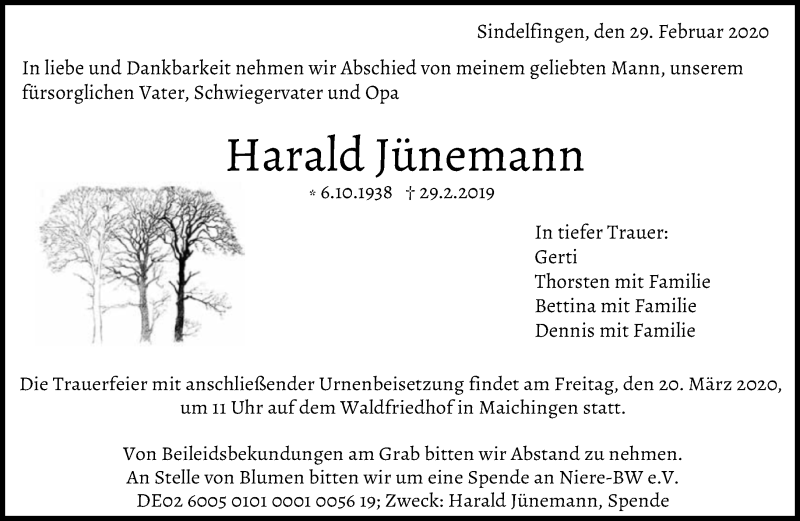  Traueranzeige für Harald Jünemann vom 11.03.2020 aus Kreiszeitung Böblinger Bote