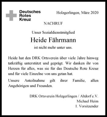 Traueranzeige von Heide Fährmann von Kreiszeitung Böblinger Bote