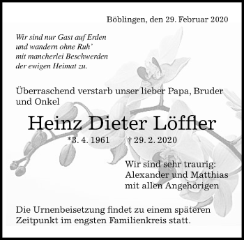 Traueranzeige von Heinz Dieter Löffler von Kreiszeitung Böblinger Bote