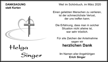 Traueranzeige von Helga Singer von Kreiszeitung Böblinger Bote