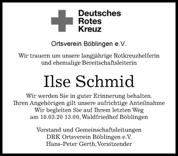 Traueranzeige von Ilse Schmid von Kreiszeitung Böblinger Bote