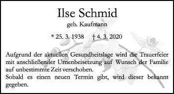 Traueranzeige von Ilse Schmid von Kreiszeitung Böblinger Bote