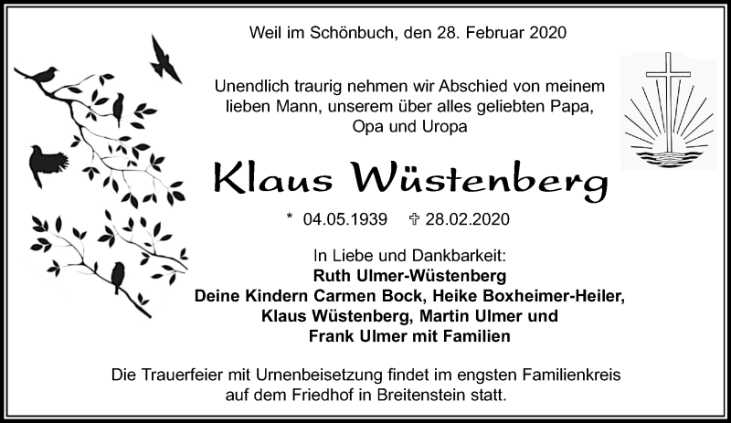  Traueranzeige für Klaus Wüstenberg vom 21.03.2020 aus Kreiszeitung Böblinger Bote