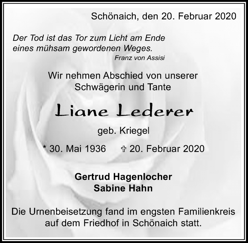  Traueranzeige für Liane Lederer vom 05.03.2020 aus Kreiszeitung Böblinger Bote