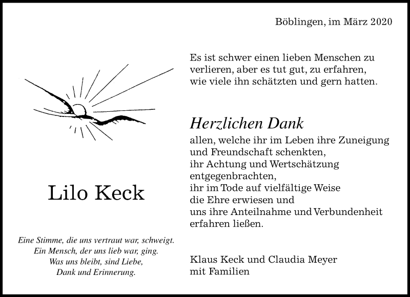  Traueranzeige für Lilo Keck vom 13.03.2020 aus Kreiszeitung Böblinger Bote