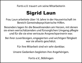 Traueranzeige von Sigrid Laun von Kreiszeitung Böblinger Bote