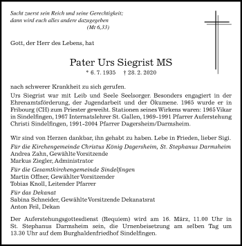 Traueranzeige von Urs Siegrist von Kreiszeitung Böblinger Bote