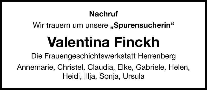  Traueranzeige für Valentina Finckh vom 05.03.2020 aus Kreiszeitung Böblinger Bote