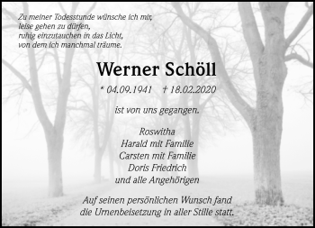 Traueranzeige von Werner Schöll von Kreiszeitung Böblinger Bote
