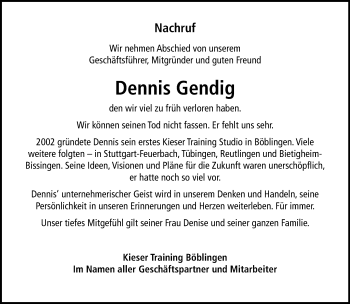Traueranzeige von Dennis Gendig von Kreiszeitung Böblinger Bote