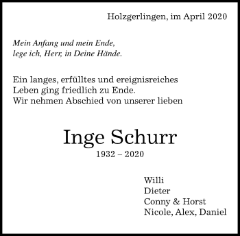Traueranzeige von Inge Schurr von Kreiszeitung Böblinger Bote