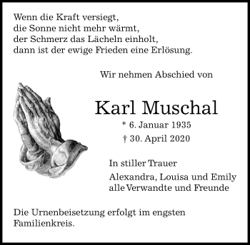 Traueranzeige von Karl Muschal von Kreiszeitung Böblinger Bote