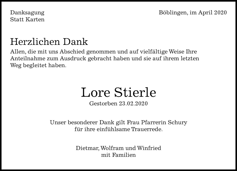  Traueranzeige für Lore Stierle vom 04.04.2020 aus Kreiszeitung Böblinger Bote