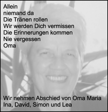 Traueranzeige von Maria  von Kreiszeitung Böblinger Bote