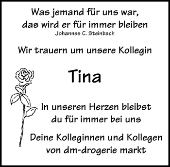 Traueranzeige von Tina Wanner von Kreiszeitung Böblinger Bote