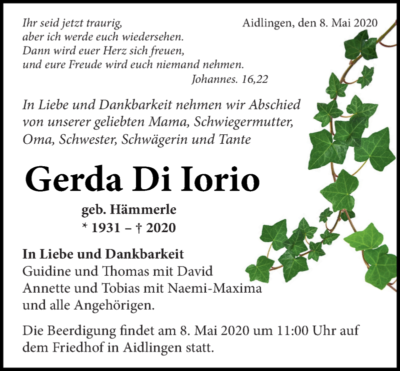  Traueranzeige für Gerda Di Iorio vom 07.05.2020 aus Kreiszeitung Böblinger Bote
