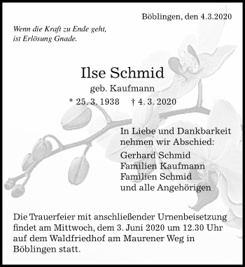 Traueranzeige von Ilse Schmid von Kreiszeitung Böblinger Bote