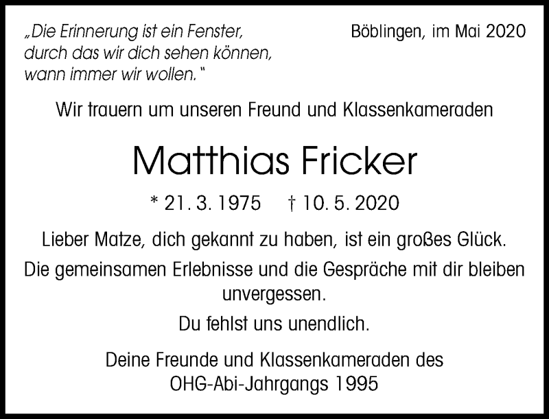  Traueranzeige für Matthias Fricker vom 22.05.2020 aus Kreiszeitung Böblinger Bote