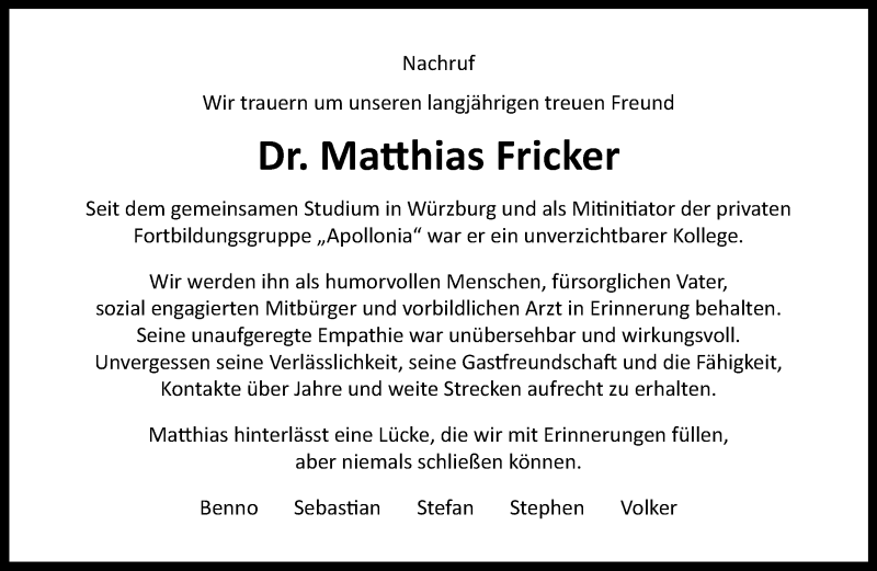  Traueranzeige für Matthias Fricker vom 27.05.2020 aus Kreiszeitung Böblinger Bote