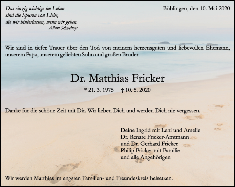  Traueranzeige für Matthias Fricker vom 15.05.2020 aus Kreiszeitung Böblinger Bote