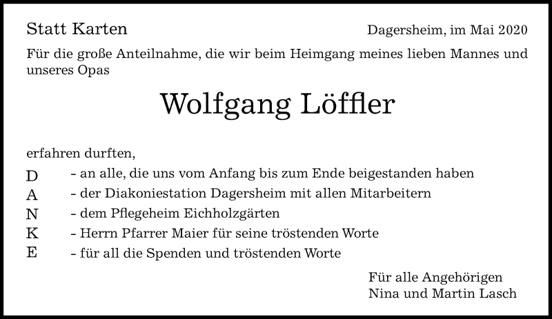  Traueranzeige für Wolfgang Löffler vom 06.05.2020 aus Kreiszeitung Böblinger Bote