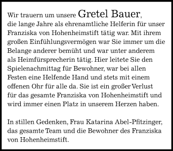Traueranzeige von Gretel Bauer von Kreiszeitung Böblinger Bote