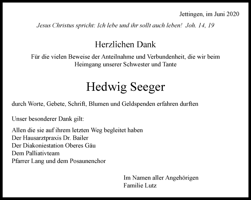  Traueranzeige für Hedwig Seeger vom 04.06.2020 aus Kreiszeitung Böblinger Bote