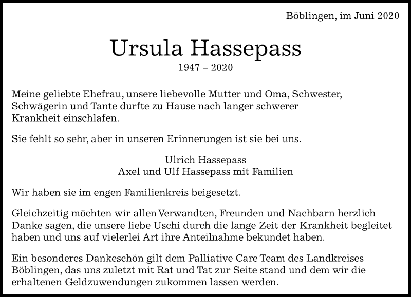  Traueranzeige für Ursula Hassepass vom 25.06.2020 aus Kreiszeitung Böblinger Bote