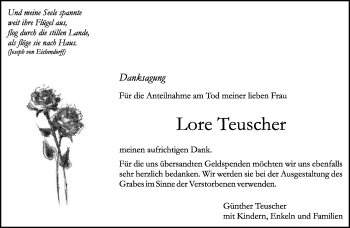 Traueranzeige von Lore Teuscher von Kreiszeitung Böblinger Bote