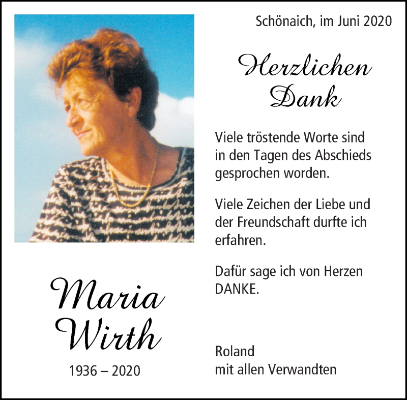  Traueranzeige für Maria Wirth vom 04.07.2020 aus Kreiszeitung Böblinger Bote