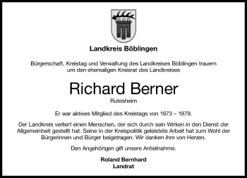Traueranzeige von Richard Berner von Kreiszeitung Böblinger Bote
