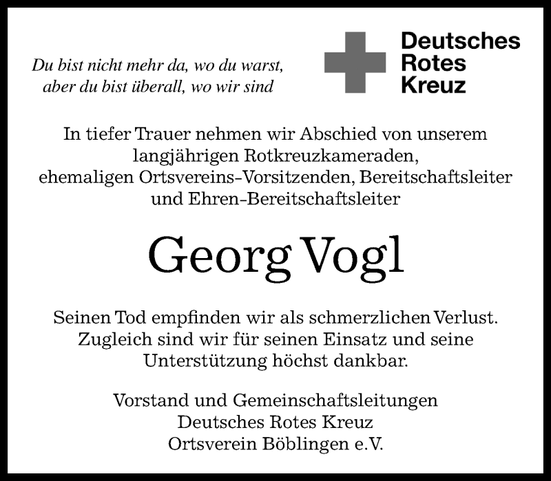  Traueranzeige für Georg Vogl vom 08.01.2021 aus Kreiszeitung Böblinger Bote