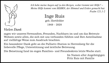 Traueranzeige von Inge Ruis von Kreiszeitung Böblinger Bote