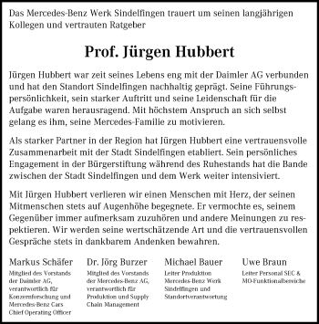 Traueranzeige von Jürgen Hubbert von Kreiszeitung Böblinger Bote