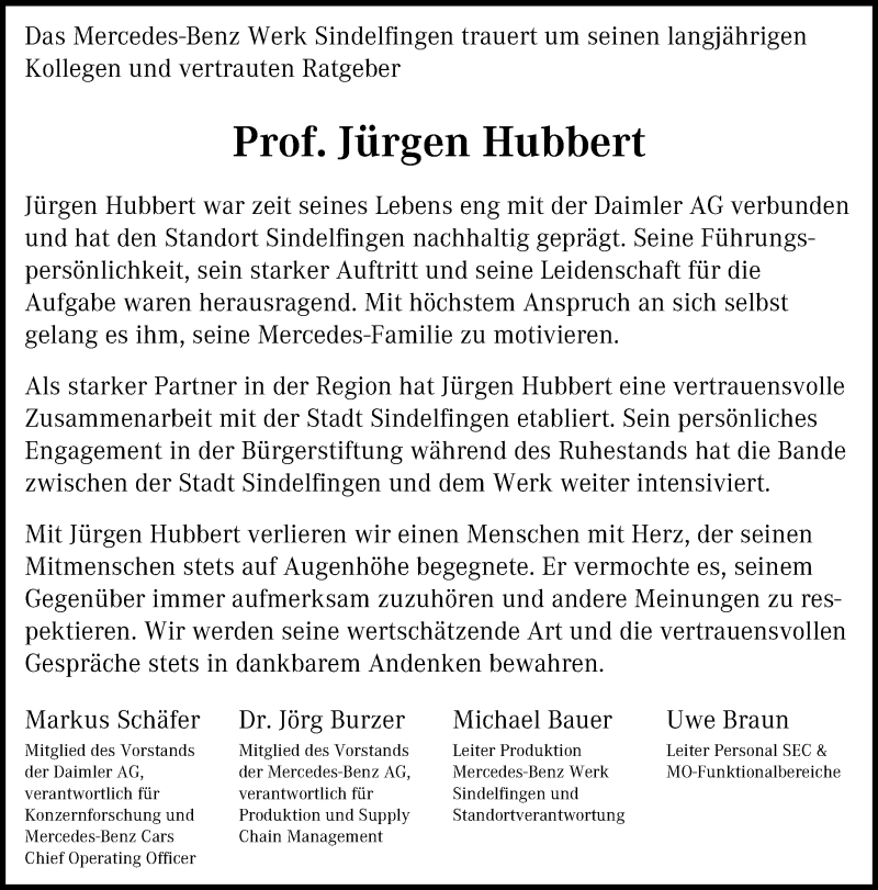  Traueranzeige für Jürgen Hubbert vom 20.01.2021 aus Kreiszeitung Böblinger Bote
