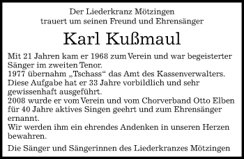 Traueranzeige von Karl Kußmaul von Kreiszeitung Böblinger Bote