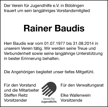 Traueranzeige von Rainer Baudis von Kreiszeitung Böblinger Bote