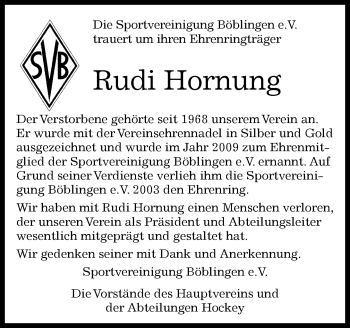 Traueranzeige von Rudi Hornung von Kreiszeitung Böblinger Bote