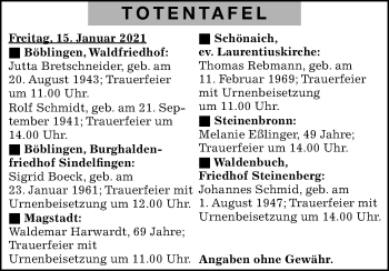 Traueranzeige von Totentafel vom 15.01.2021 von Kreiszeitung Böblinger Bote