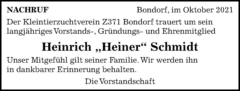  Traueranzeige für Heinrich Schmidt vom 08.10.2021 aus Kreiszeitung Böblinger Bote