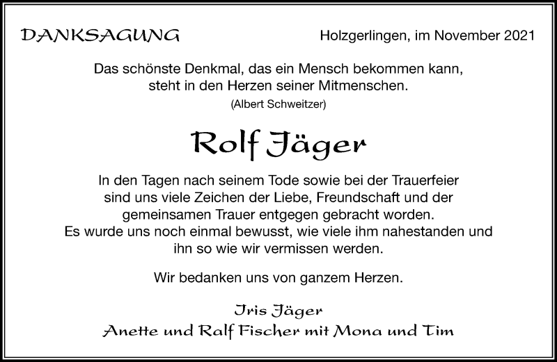  Traueranzeige für Rolf Jäger vom 26.11.2021 aus Kreiszeitung Böblinger Bote